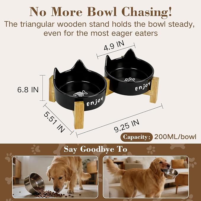 Ceramic Dog and Cat Bowl Set with Wooden Stand Elevated Non-Slip Weighted Anti-Spill Matte Finish for Cats Kittens Small Dogs-Black Cat Ear-6.76 OZ