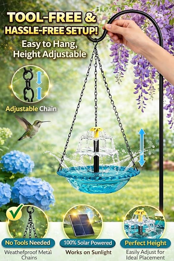 Solar Cascade Hanging Bird Bath Fountain, 2026 New Outdoor Hanging Bird Bath with Solar Fountain, Large Humming Birds Baths Fountains, with Solars Pump & Glass Bowl, for Outdoor, Gardens (#5)