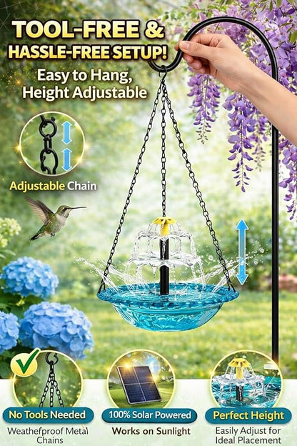 Solar Cascade Hanging Bird Bath Fountain, 2026 New Outdoor Hanging Bird Bath with Solar Fountain, Large Humming Birds Baths Fountains, with Solars Pump & Glass Bowl, for Outdoor, Gardens (#9)