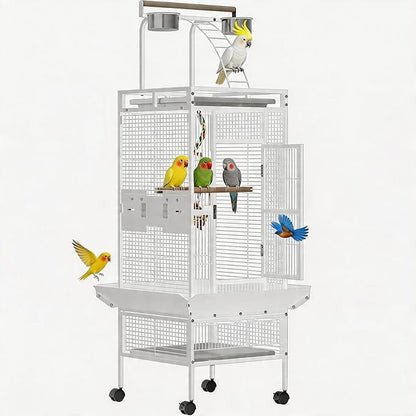 GarveeLife Large Bird Cage 60-inch Playtop Metal Bird Cages with Rolling Stands, Feed Bowls for Parakeets, Conures, Parrot Cage for Medium Large Parrot Cage with Slide-Out Tray Seed Guard, White