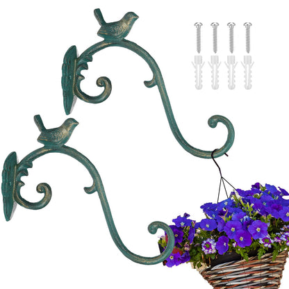 Moxweyeni 2 Pcs Cast Iron Plant Hangers Outdoor 10" Heavy Duty Hanging Basket Brackets Lovely Bird Shape Decorative Wall Hangers for Flower Pots Bird Feeder Wind Chime Lantern(Golden Green)
