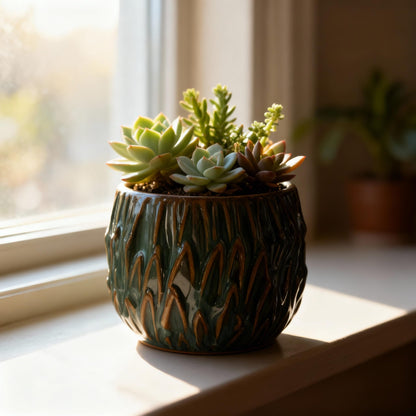 YIOXIN Ceramic Planter,Small Planter,Cute Succulent Garden Pot,Indoor and Outdoor Universal Plant Pot,Small Pot Without Drainage Hole,Home and Office Decoration, (Dark Green)