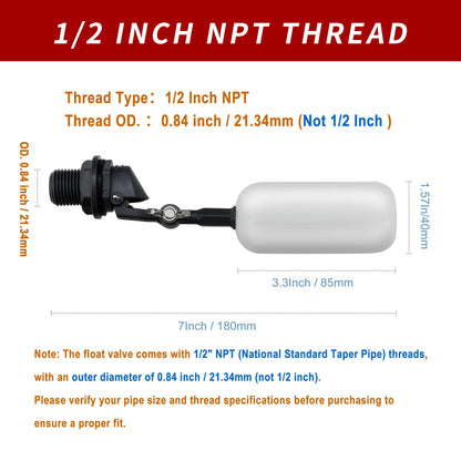 4 Pack Float Ball Valve, 3/4 inch(1/2 Inch NPT Thread), OD. 0.84 inch (21.34mm), Adjustable Arm for Livestock Water Trough, Aquariums, Hydroponics - Automatic Fill and Control Water Level