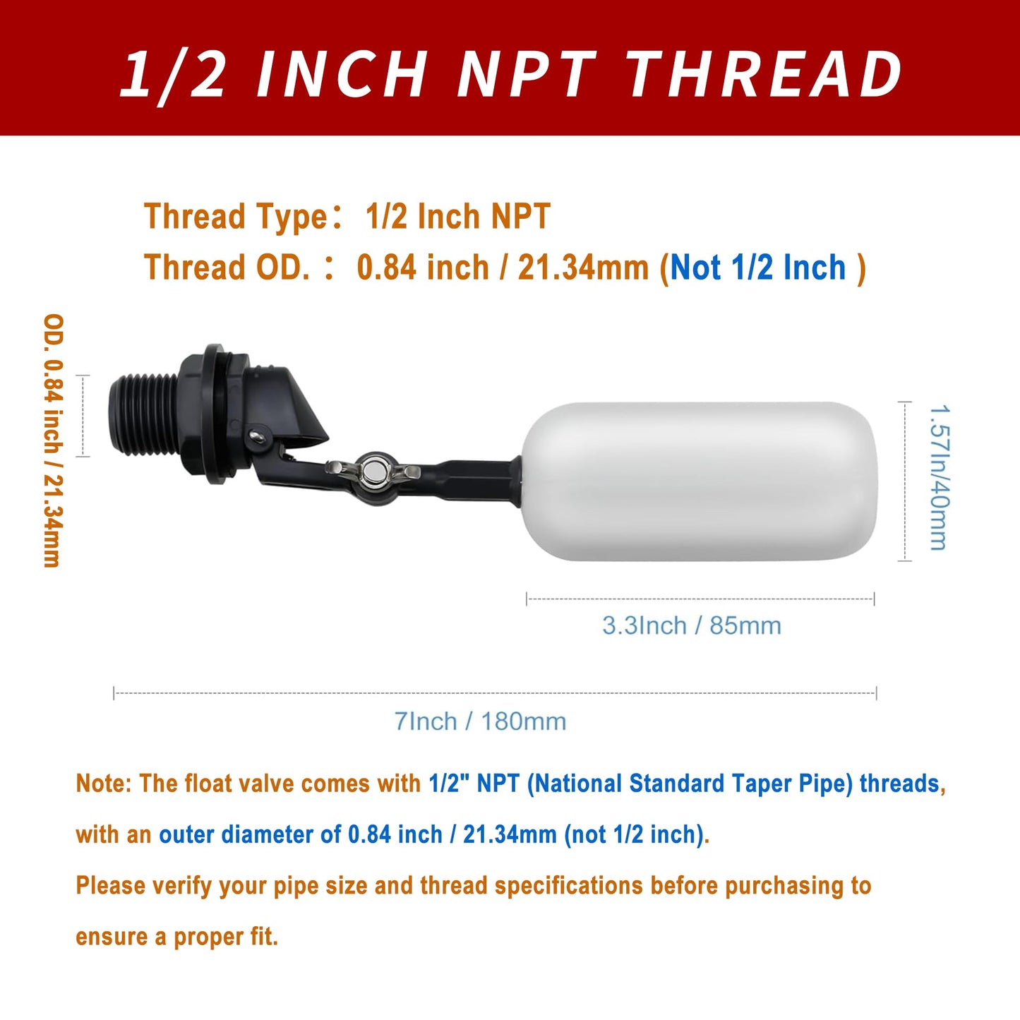 6 Pack Float Ball Valve, 3/4 inch, 1/2 Inch NPT Thread, OD. 0.84 inch (21.34mm), Adjustable Arm for Livestock Water Trough, Aquariums, Hydroponics - Automatic Fill and Control Water Level