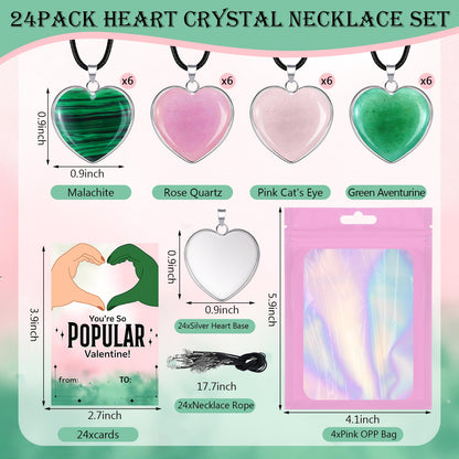 Remerry 24 Sets Valentine's Day Witch Themed Gifts, Galentine's Day Exchange Gift for Best Friends Pink and Green Gemstone Necklace DIY Crafts Kit with Witch Cards Exchange Party Favors for Friends