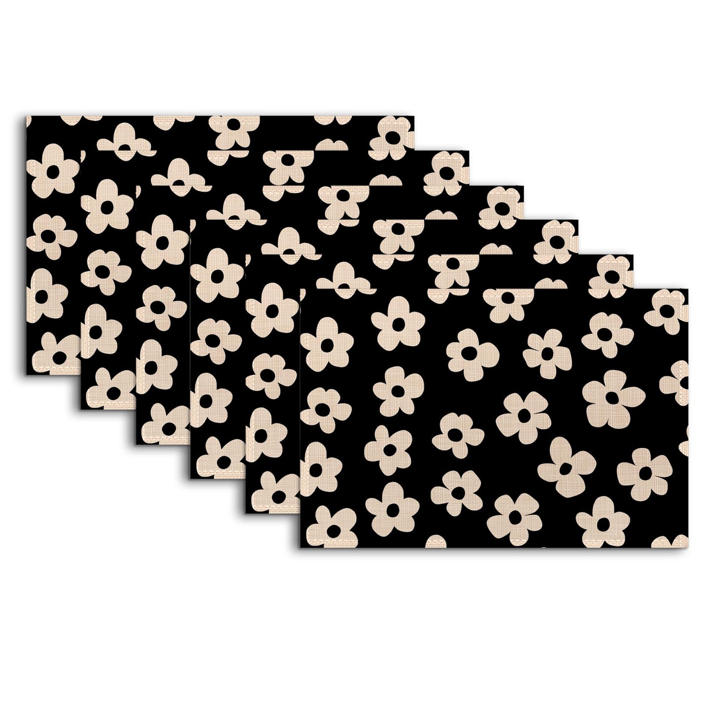 Placemats Set of 6,Abstract Black Flower Heat Resistant Non Slip Table Mats,Washable Wipe Clean Dining Placemats 12 x 18 Inches