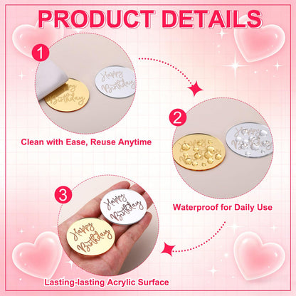 uxcell 20Pcs Acrylic Mirror Cake Toppers, Happy Anniversary Cupcake Toppers Round Shapes Laser Picks Dessert Decorations for Celebrating Party Wedding Shower, 059-Silver