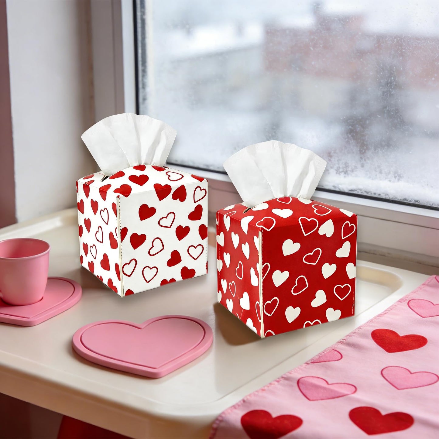 2 Pieces Valentine's Day Tissue Box Covers Red Heart PU Leather Tissue Box Cover Square Tissue Box Cover Holder for Home Bathroom Bedroom Office Table
