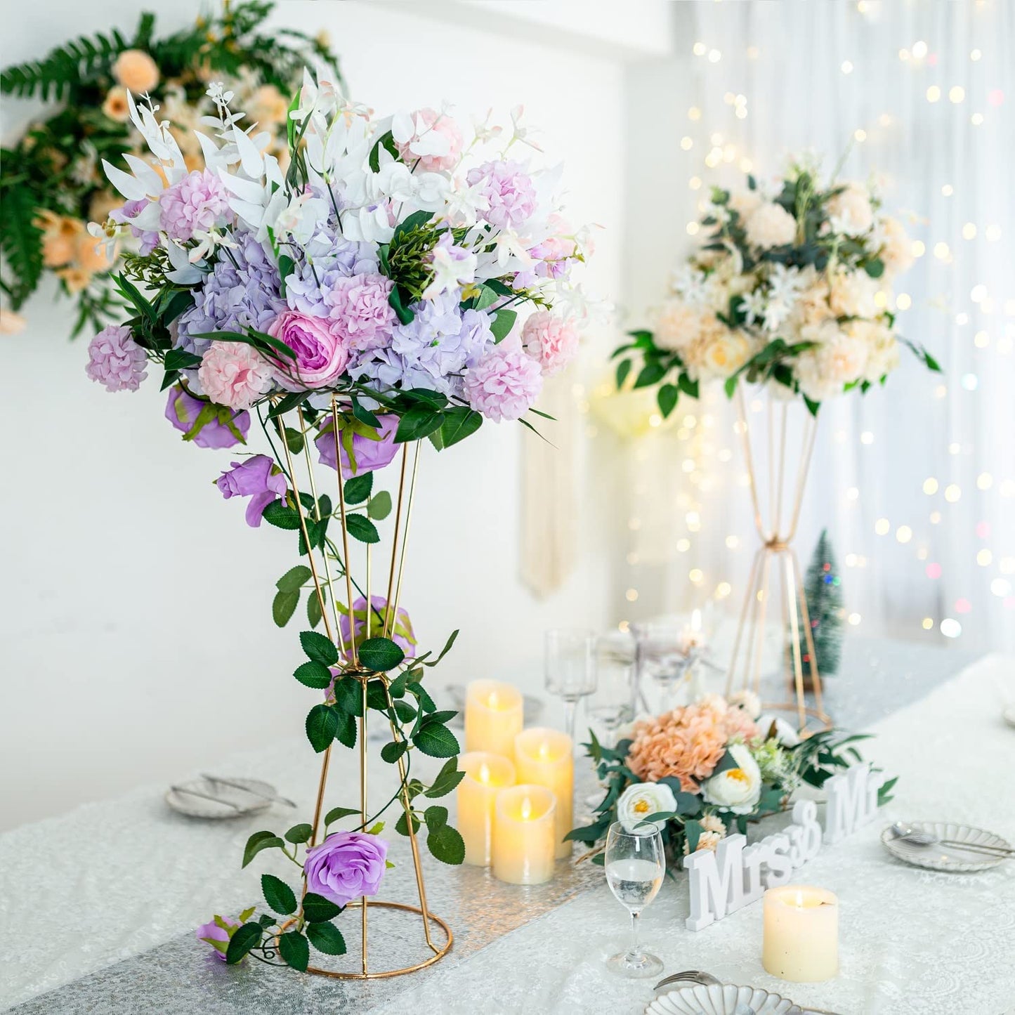 Gold Vases Centerpieces for Wedding Geometric Metal Flower Stand for Tables Bulk, 4pcs 23.6” Tall Trumpet Vases for Centerpieces Party Dinner Anniversary Ceremony