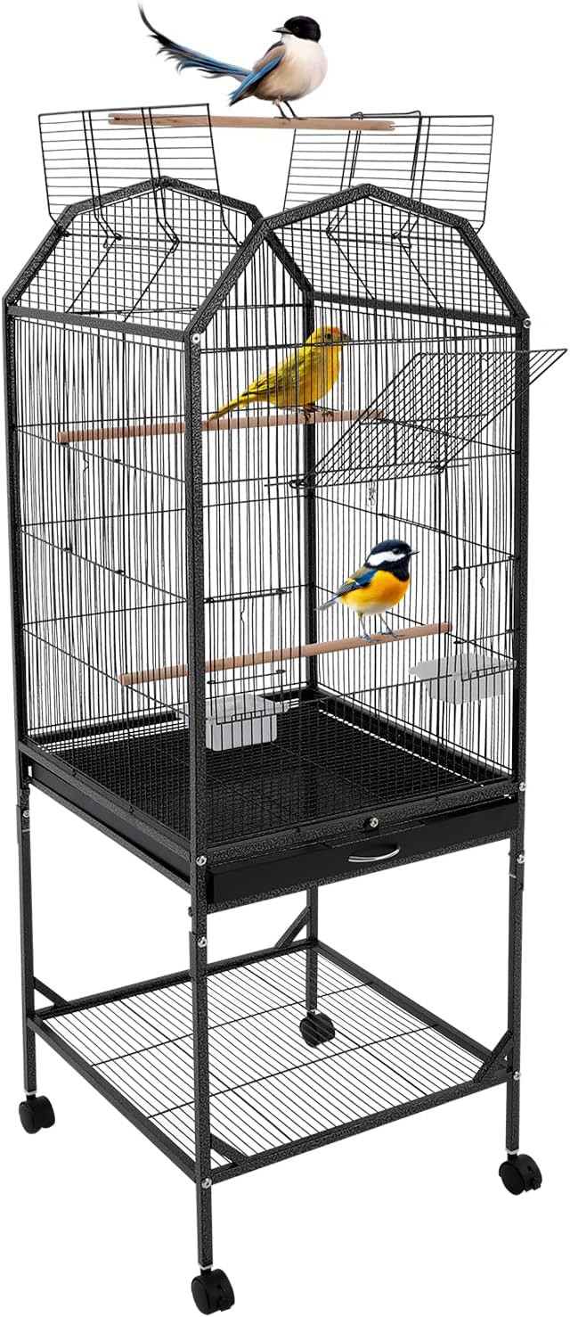 53.5 Inch Iron Bird Cage, Large Parakeet Cages with Play Open Top and Rolling Stand, Bird House with Detachable Stand and Pull-Out Tray for Cockatiels, Parrots, Lovebirds, Canaries (Black, Style B)