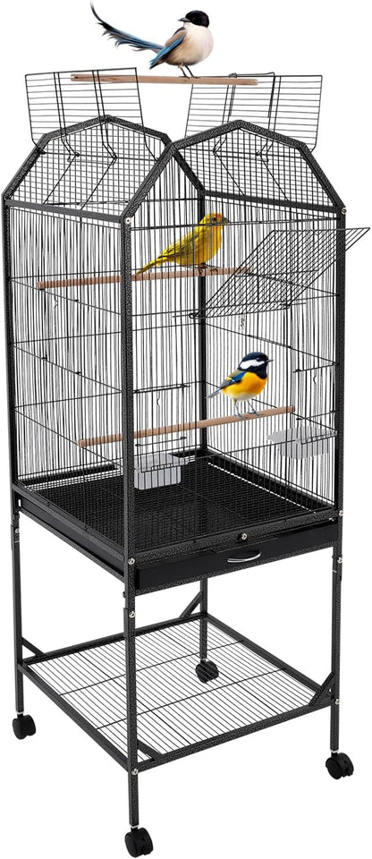 53.5 Inch Iron Bird Cage, Large Parakeet Cages with Play Open Top and Rolling Stand, Bird House with Detachable Stand and Pull-Out Tray for Cockatiels, Parrots, Lovebirds, Canaries (Black, Style B)