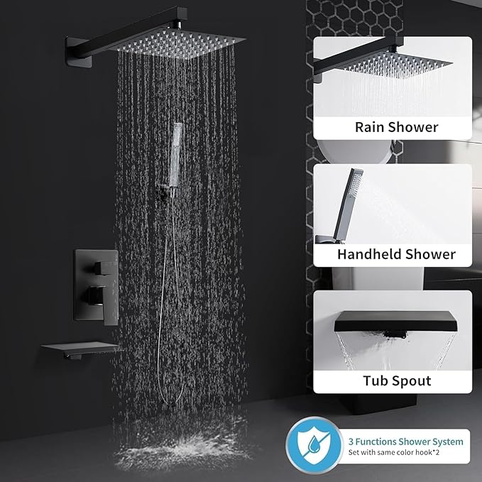 Matte Black Faucet Set Shower Head with Tub Spout and Handle System Square Wall Mount for Bathroom