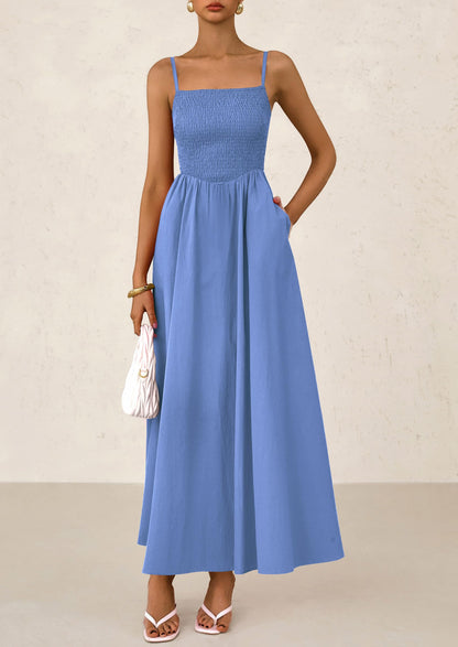 PRETTYGARDEN Women's Smocked Maxi Dresses 2025 Summer Beach Sundress Casual Spaghetti Strap Swing A Line Long Flowy Dress (Blue,Small)
