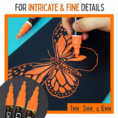 5 Orange Chalkboard Chalk Markers - Orange Dry Erase Markers for Blackboard, Chalkboard Signs, Windows, Glass | Variety Pack - Fine & Jumbo Size Ink Pen (1mm, 3mm, 6mm, 10mm, 15mm)