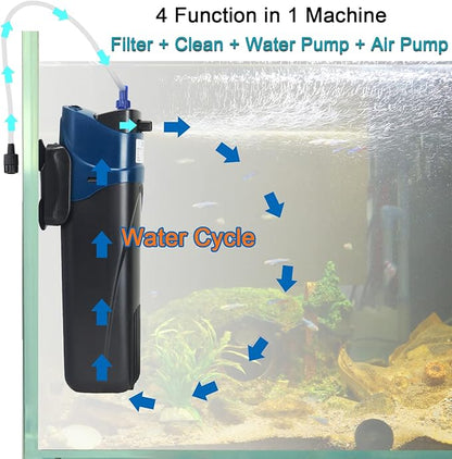 COOSPIDER Fish Tank Filter U-V JUP-02 Submersible Aquarium Filter Green Clean Machine 132gph for 20-60 Gallon Small Fish Tank Internal Pump for Turtle Tank, Air Supply & Oxygen Enhancement