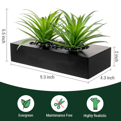 MyGift 10 Inch Fake Grass Artificial Plants in Rectangular Black Wood Planter - Faux Plants Indoor for Tabletop Centerpiece Décor