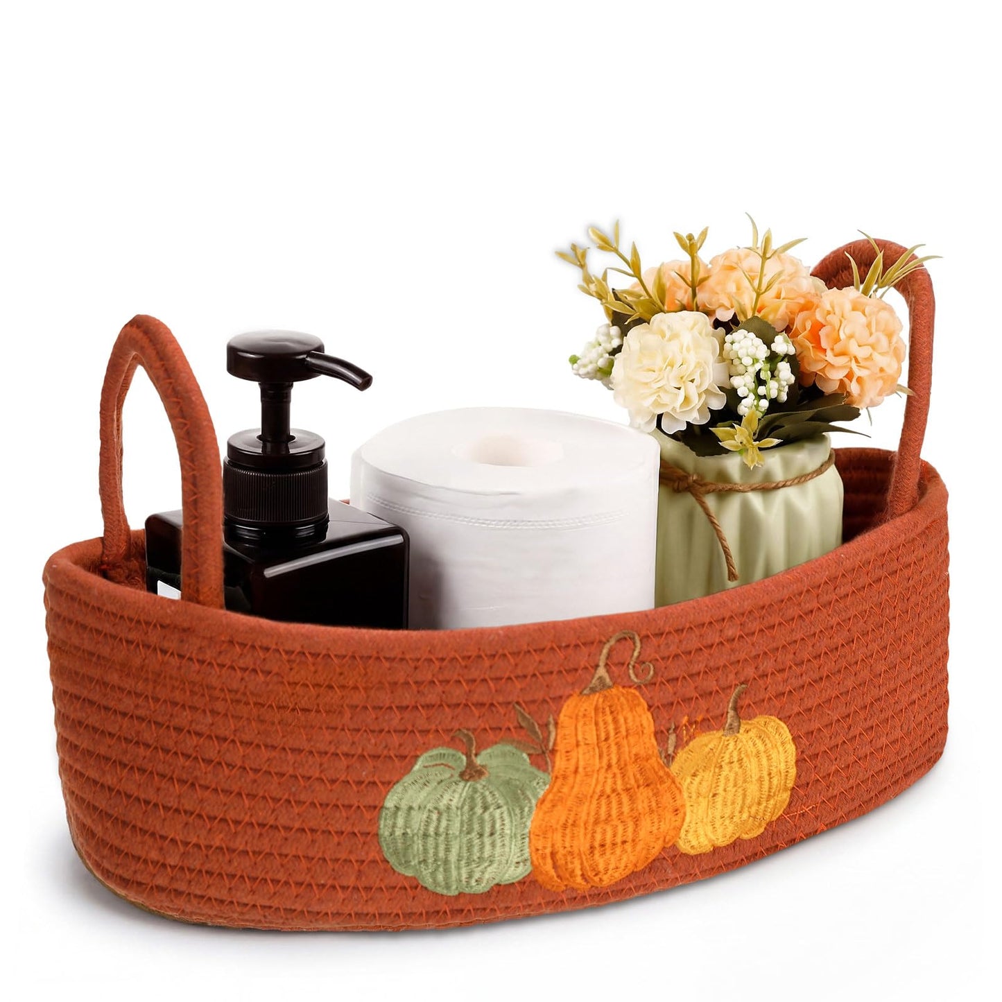 Vesici Pumpkin Toilet Paper Basket Boho Woven Cotton Rope Bathroom Countertop Organizer with Handle Orange Halloween Pumpkin Bathroom Storage Decor for Fall Halloween Bedroom Nursery, 13 x 6 x 4 Inch