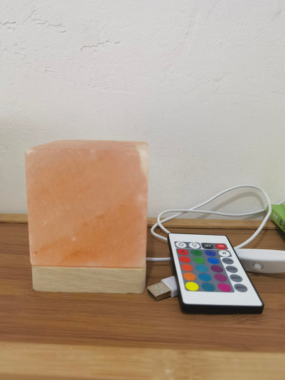 YZYOE USB Colour Gradient Himalayan Salt lamp, Solid Wood Base Atmosphere Decoration Square Salt lamp with Remote Control, Natural Crystal Stone Bedside Night Light, Handmade Crafts.