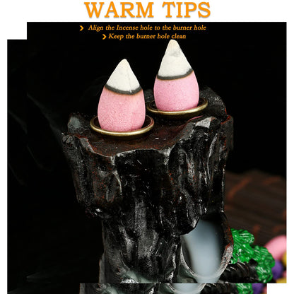 Jueison Dual Sided Mountain Backflow Incense Burner Resin Waterfall Incense Holders Cone Stick Holder with 120 Incense Cones + 30 Incense Sticks + 1 Mat + 1 Tweezers for Home Office Decor Gift