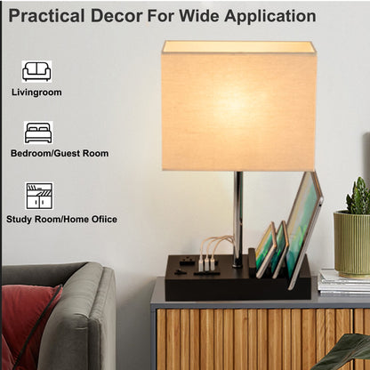 Briever Upgraded 3 USB Table Lamp with 2 USB A & C Charging Ports, Bedside Desk Lamp with 2 AC Outlets and Wooden Phone Stand Organizer, Ideal Nightstand Lamp for Bedroom, Guest Room, Office