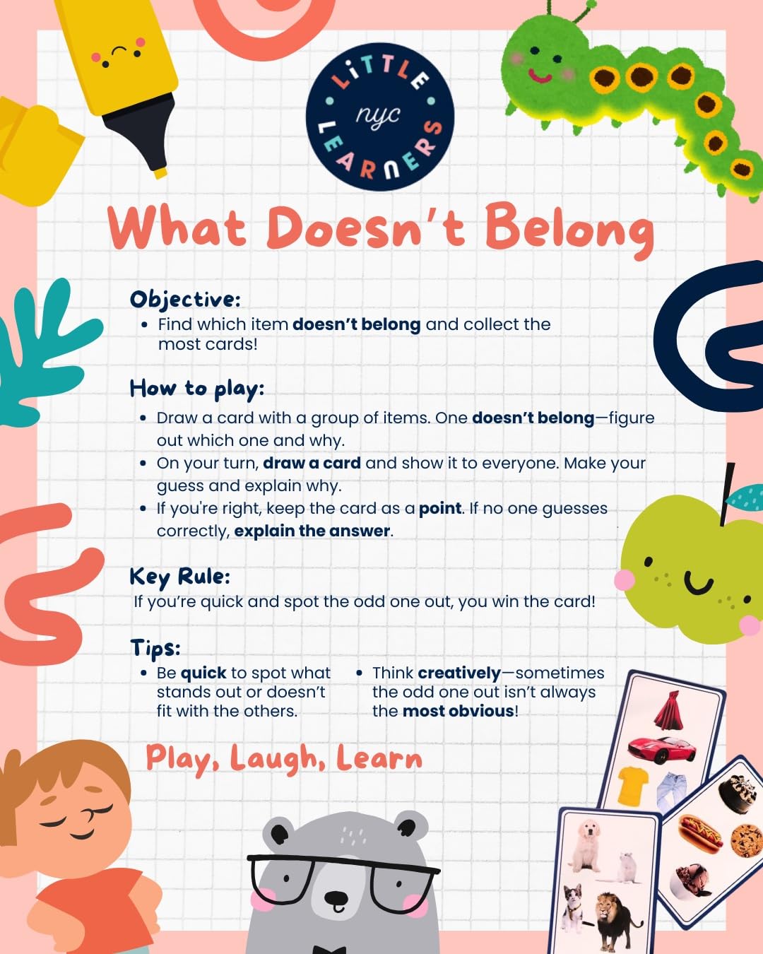 LITTLE LEARNERS NYC What Doesn't Belong? Educational Card Game for Kids – Fun Logic & Critical Thinking Game for Preschool & Kindergarten – Speech Therapy, Homeschool & Classroom Learning Activity