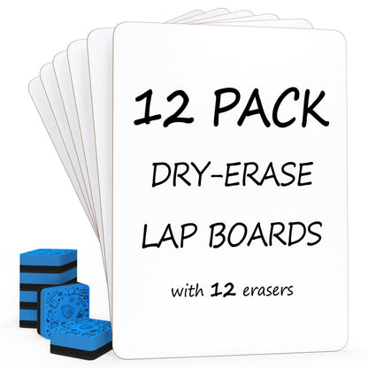 Set of 12 Small White Board Dry Erase Boards Classroom Pack Mini White Boards 9"x12” Double Sided Personal Whiteboards for Students Teachers School Supplies Lapboards l 12 Mini Whiteboard Erasers Incl
