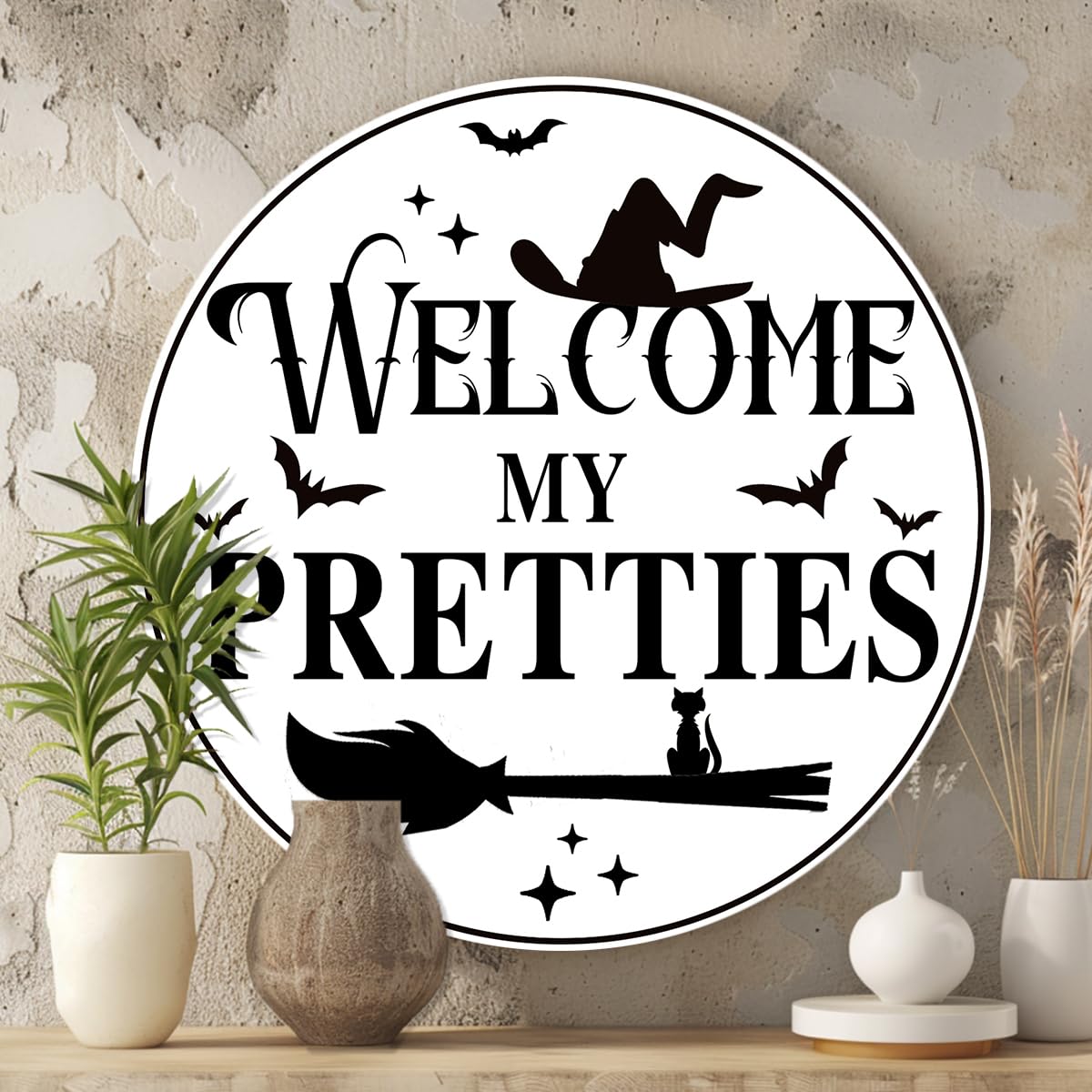 Generic Welcome My Pretties Round Aluminum Sign Halloween Metal Tin Signs Autumn Witch Ghost Pumpkin Wall Decor Sign For Home Kitchen Cafe 8x8 Inch