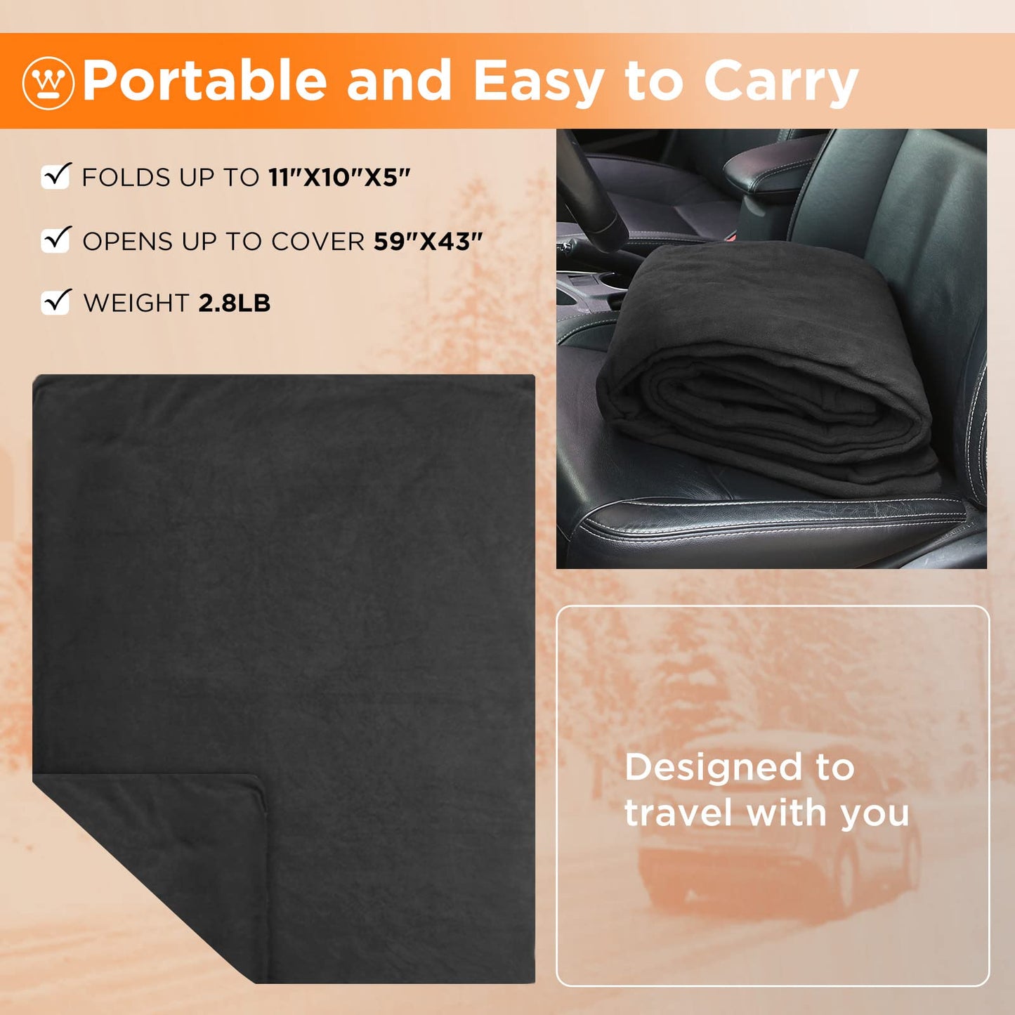 Westinghouse Heated Car Blanket, 12-Volt Electric Blanket for Car, Truck, SUV, RV, Portable Heated Throw for Camping, Grey Buffalo Plaid, 59" x 43”