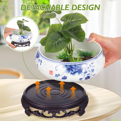 DOITOOL Ceramic Flowerpot Small Hydroponic Daffodil Pot with Base Indoor Bonsai Plant Container for Water Lily Lotus and Succulents 4.13X6.3X4.13 Inches