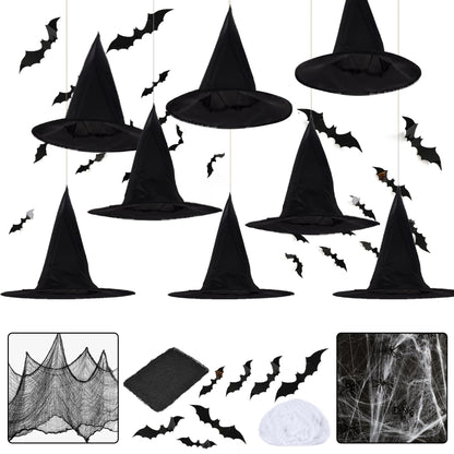 LINAYE Halloween Witches Hat XL Kit - 8 PCS Black Witch Hats with Hanging Rope,16 PCS 3D Bat,Spider Web,Creepy Cloth Halloween Hanging Decoration Decor Wizard Hats