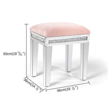 blingworld Mirrored Vanity Stool with Crushed Diamond Inlay Velvet Cushion 19.7'' Tall Stylish Makeup Chair for Bedroom, Vanity Chair, Ottoman for Living Room