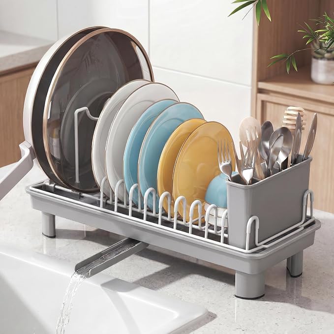 Dish Rack, Carbon Steel Small Dish Drying Rack Rustproof for Kitchen Counter, Compact Space-Saving Dish Drainer with Adjustable Slots for Small Kitchens & Apartments, 16.5×6.5×7inch, Grey