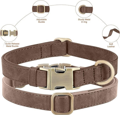 Genuine Leather Dog Collar - Adjustable Pet Collar with Quick Release Metal Buckle, Soft Skin Friendly Real Leather Collar for Small, Medium, Large Dogs (Dark Brown Collar + Rope, M：Fit 12-20" Neck)