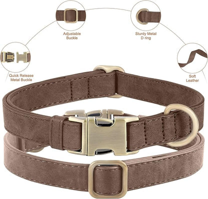 Genuine Leather Dog Collar - Adjustable Pet Collar with Quick Release Metal Buckle, Soft Skin Friendly Real Leather Collar for Small, Medium, Large Dogs (Dark Brown Collar + Rope, L：Fit 15-23" Neck)
