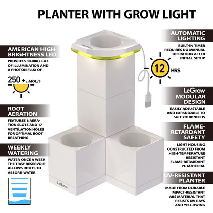 LeGrow Indoor Planter with LED Grow Light, Automatic 12 Hours Timer, 7 Days Watering-Free, 2 Self Watering Pots for Small Plants, Home Decor & Office Desktop, White