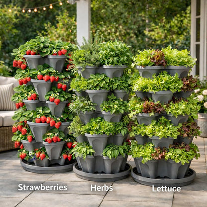 5-Tier Stackable Strawberry Garden – 24 Quart Indoor / Outdoor Stacking Planter with Drip Saucer – Grow Herbs, Strawberries, and Flowers from The Kitchen or Backyard – Plant and Stack! Easy Gardening