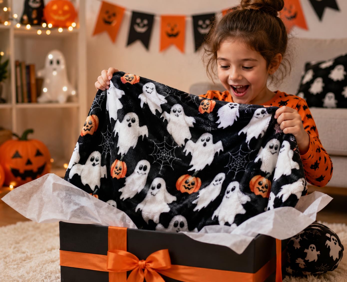 Halloween Fleece Throw Blanket: Jack O Lantern Pumpkins White Ghosts and Spiderwebs on Soft Black Velvet for Sofa, Couch, Chairs and Bed, 50" x 70"