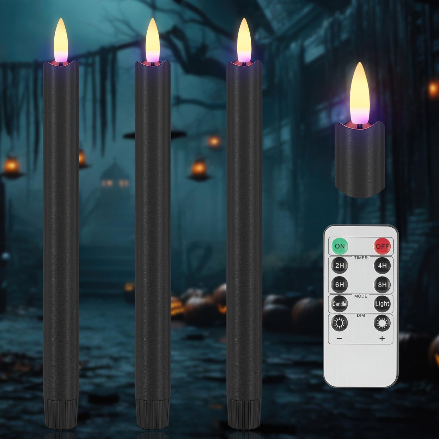 AFINETH Black Flameless Taper Candles with Remote, 9.6" Halloween Battery Operated Candles 3D Wick, 3 Pack Real Wax Led Candlesticks Flickering Electric Candle for Halloween, Home, Party Decor