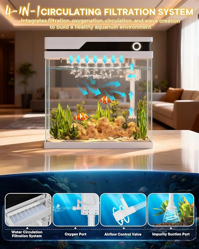 Vehipa Fish Tank, Smart Fish Aquarium Kit 4.2 Gallon with Auto Feeder, 4-in-1 Silent Pump, Adjustable Lighting, Temperature Display & Humidifier for Desktop, Office, Room