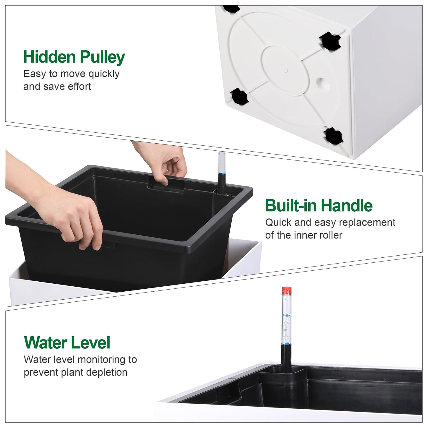 30 Inch Tall Self Watering Planters Set of 2, Outdoor Plant Pots with Automatic Watering System, Water Level Monitor, Drainage, Wheels & Inner Bucket, for Front Porch & Indoor Plants White