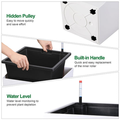 30 Inch Tall Self Watering Planters Set of 2, Outdoor Plant Pots with Automatic Watering System, Water Level Monitor, Drainage, Wheels & Inner Bucket, for Front Porch & Indoor Plants White