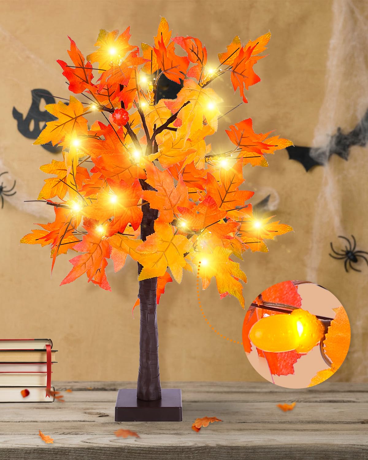 Fall Maple Tree Light 2 Pack, Fall Decorations USB & Battery Operated Light Up Artificial Pumpkins Maple Acorn Tree for Fall Halloween Thanksgiving Table Harvest Home Indoor Decoration