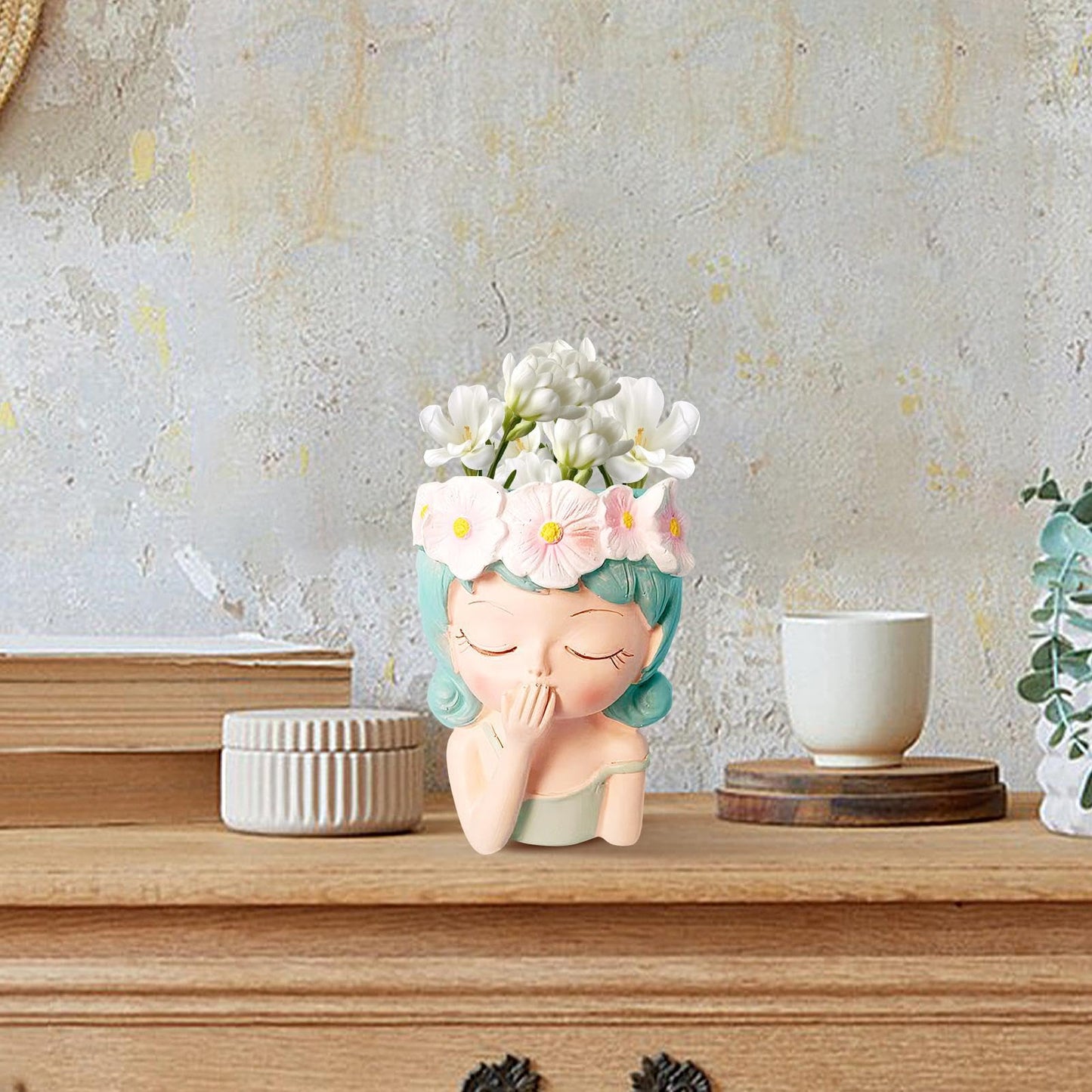 Flower Face Planter - Head Planter, Face Planters | Resin Planter with Drainage, Painted for Girl, Eyes Closed, Cactus Vase for Balcony, Indoor Outdoor Garden