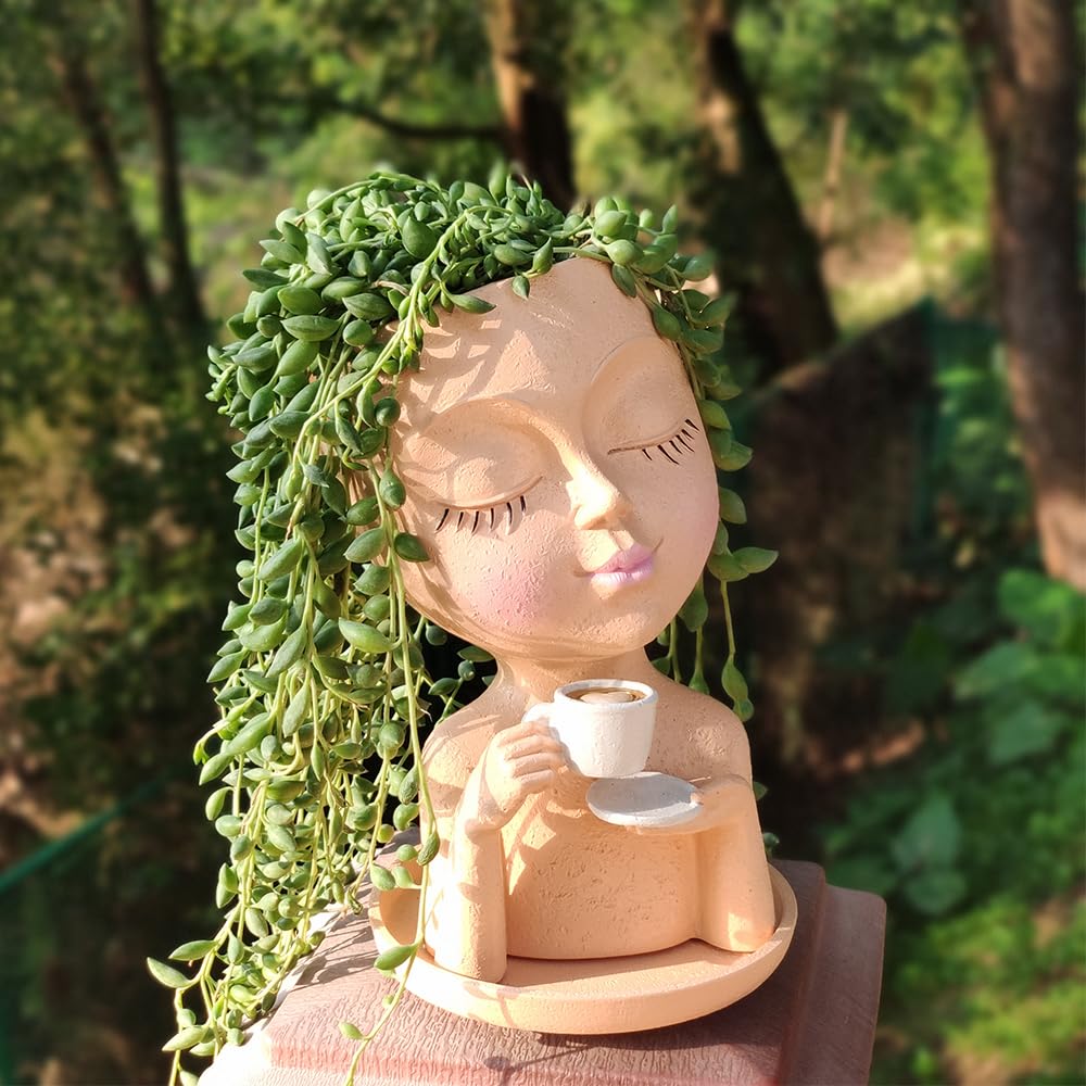 Simabsie Face Planter Pots, Resin Face Planter for Indoor/Outdoor Plants,Head Planter with Drainage Hole/Removable Saucer,Girl Holding Coffe (Coffee, Skin)