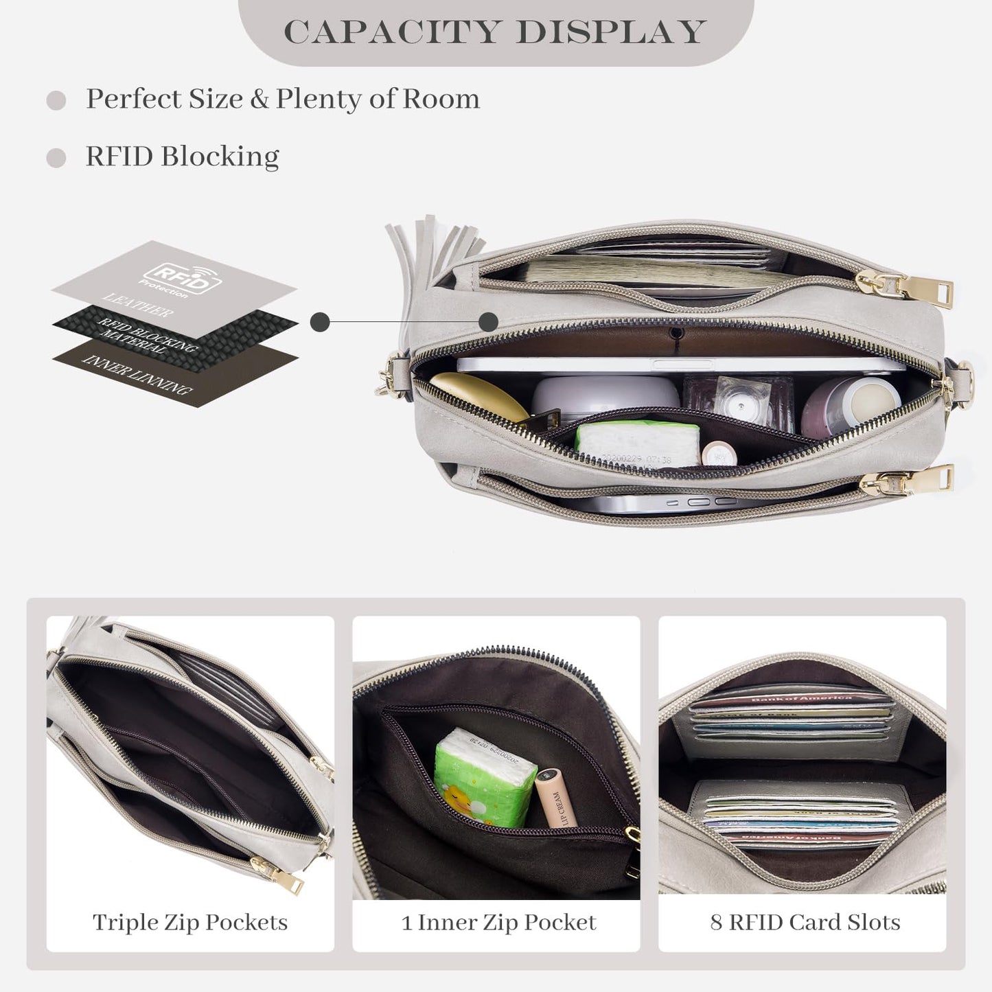 Roulens Triple Zip Small Crossbody Bag for women,Wide Strap Cell Phone Purse Shoulder Handbag Wallet with Credit Card Slots