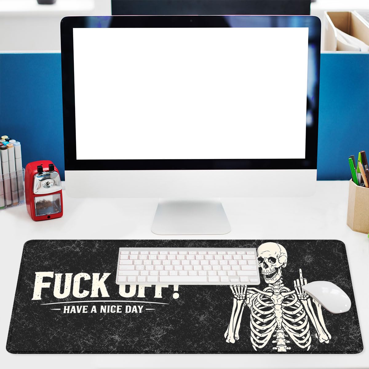 Funny Skeleton Mouse Pad Gothic Sarcastic Skull Halloween Extended Mousepad Waterproof Stitched Edges Rubber Base Non-Slip Deskmap Computer Keyboard Mat 31.5x11.8 Inch