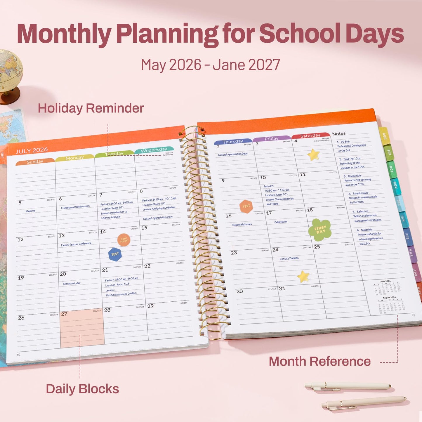 SUNEE Deluxe Teacher Planner 2026-2027, Lesson Planner Book with 7 Periods Jul 2026 - Jun 2027, 8.5" x 11" Weekly and Monthly Organizers with Colorful Tabs, Planning Stickers,120gms Paper, Pink Marble