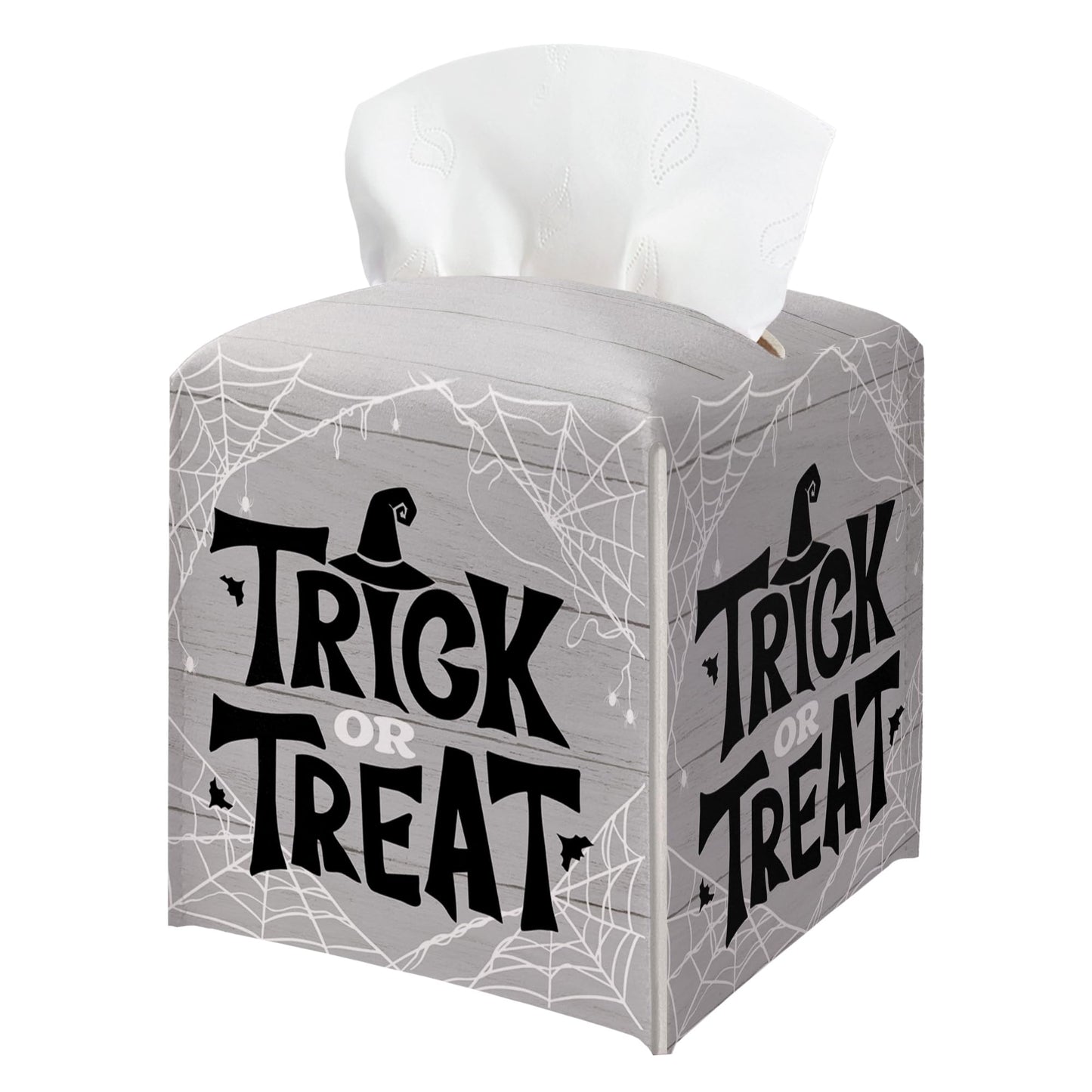Halloween Trick Or Treat Tissue Box Holder, Spider Web Grey Leather Tissue Box Cover Square, Facial Paper Organizer Dispenser Toilet Paper Holder for Bathroom Kitchen Office Home Decor-A09