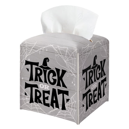 Halloween Trick Or Treat Tissue Box Holder, Spider Web Grey Leather Tissue Box Cover Square, Facial Paper Organizer Dispenser Toilet Paper Holder for Bathroom Kitchen Office Home Decor-A09