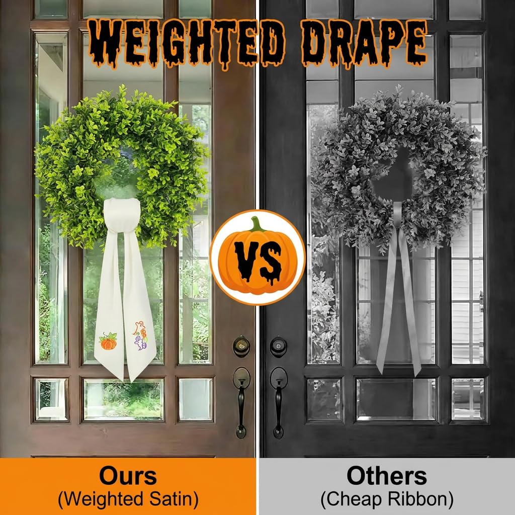 Fall & Halloween Wreath Sash for Front Door (59" Long) - Embroidered Ghost & Pumpkin Design for Boxwood Wreaths - 2-in-1 Autumn Ribbon Decor, Heavy Drape & Washable (1 Set)